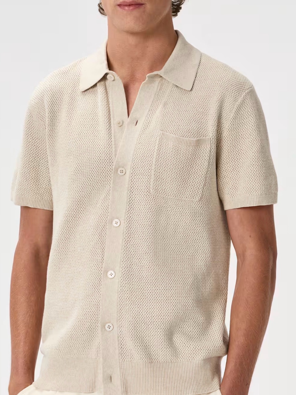 Quince Men’s 100% Organic Cotton Mesh-Stitch Button-Up Sweater Polo Beige Size L